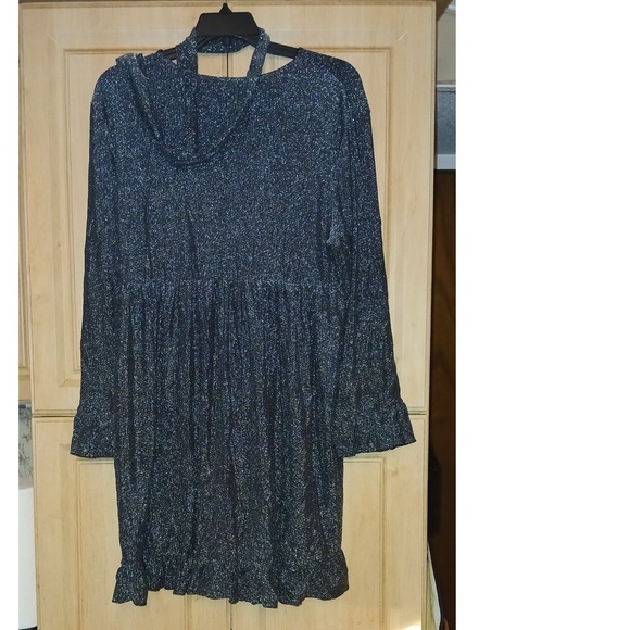 SHEIN Clasi Plus Surplice Neck Flounce Sleeve Ruffle Hem Belted Glitter Dress - Picture 3 of 4